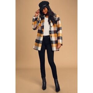 Lulus Better Weather Orange Multi Plaid Coat - LIKE NEW SIZE S